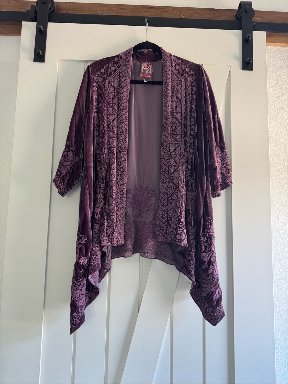 Johnny Was purple velvet draped cardigan with intricate floral embroidery